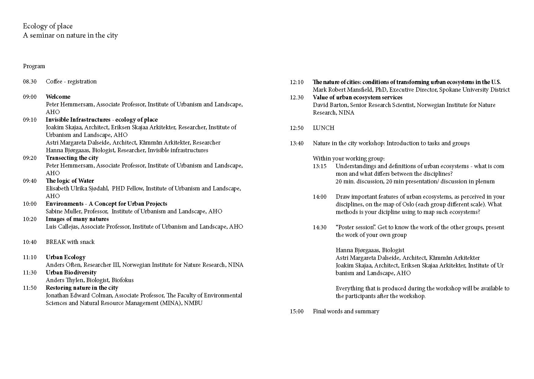 The program of the seminar The ecology of place.