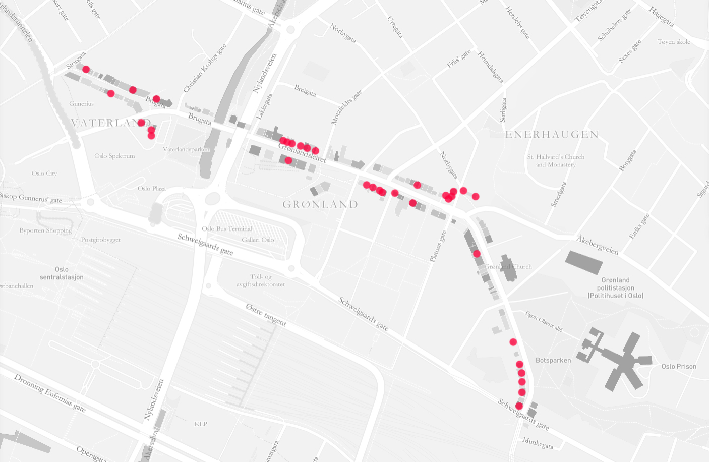  - Punkter hvor det er skjedd endringer i tilbudet langs Grønland/Grønlandsleiret, mellom registrering i 2017 og 2019.
