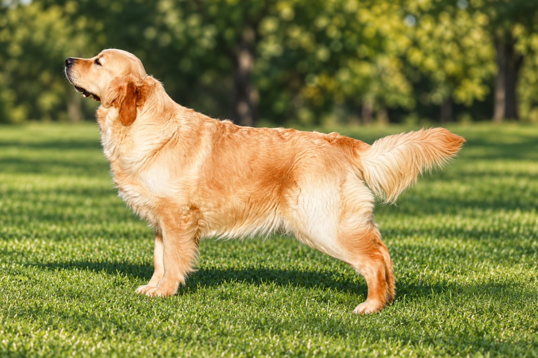 Golden retriever standing on a grassy lawn in a sunny park