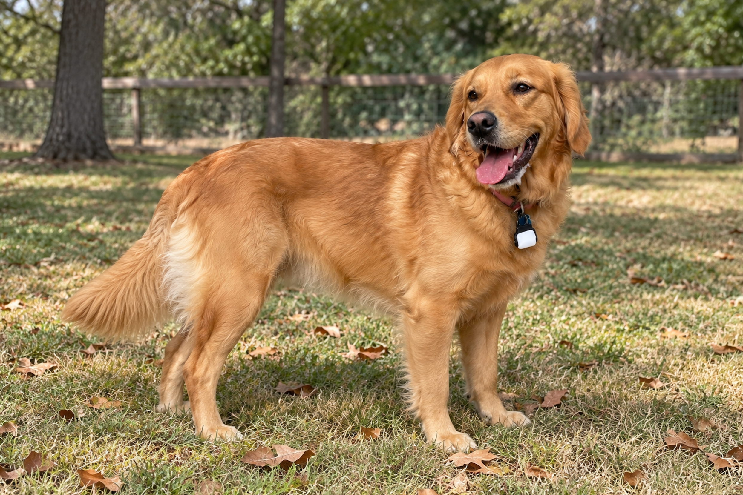Happy golden retriever wearing a collar standing on a leaf-covered lawn in a wooded backyard