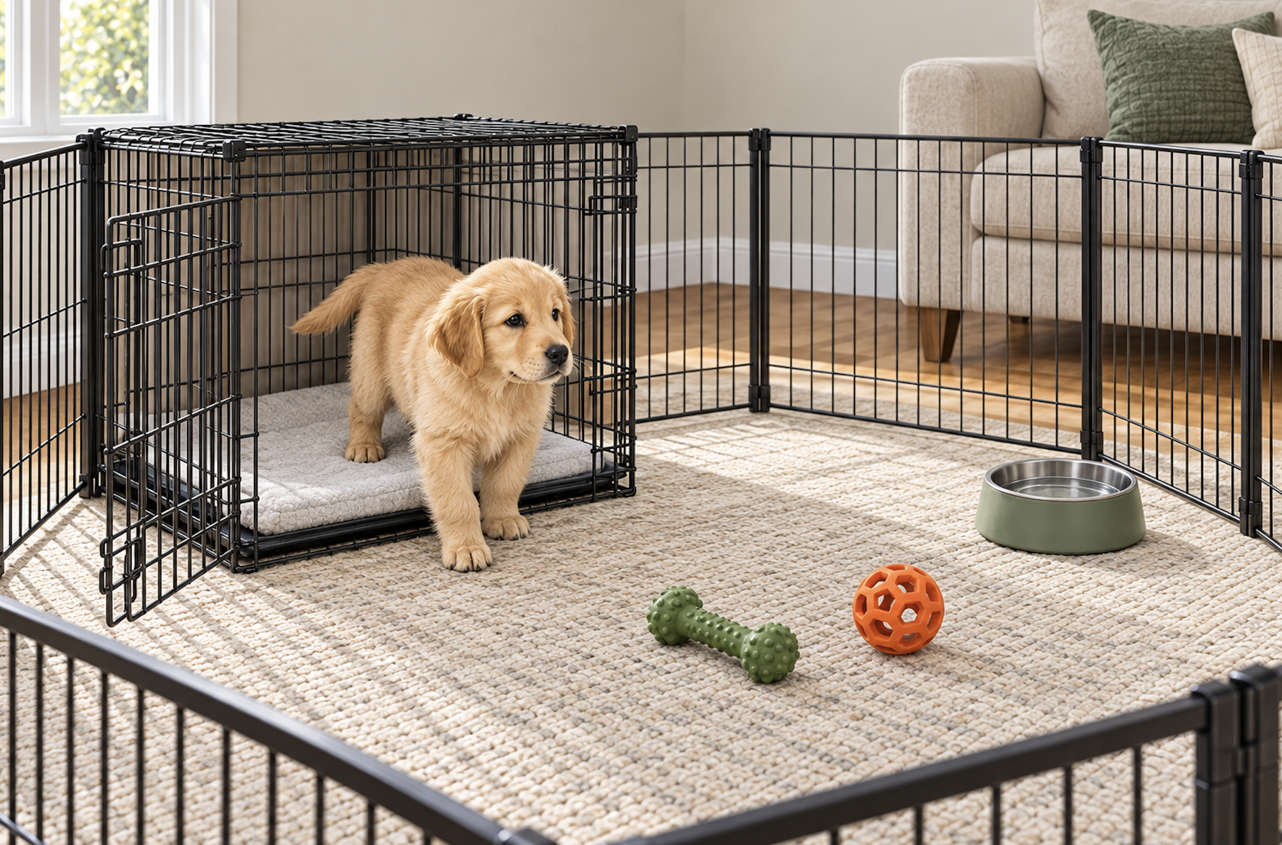 Golden retriever puppy in a crate and playpen with a bed, water bowl, and chew toys
