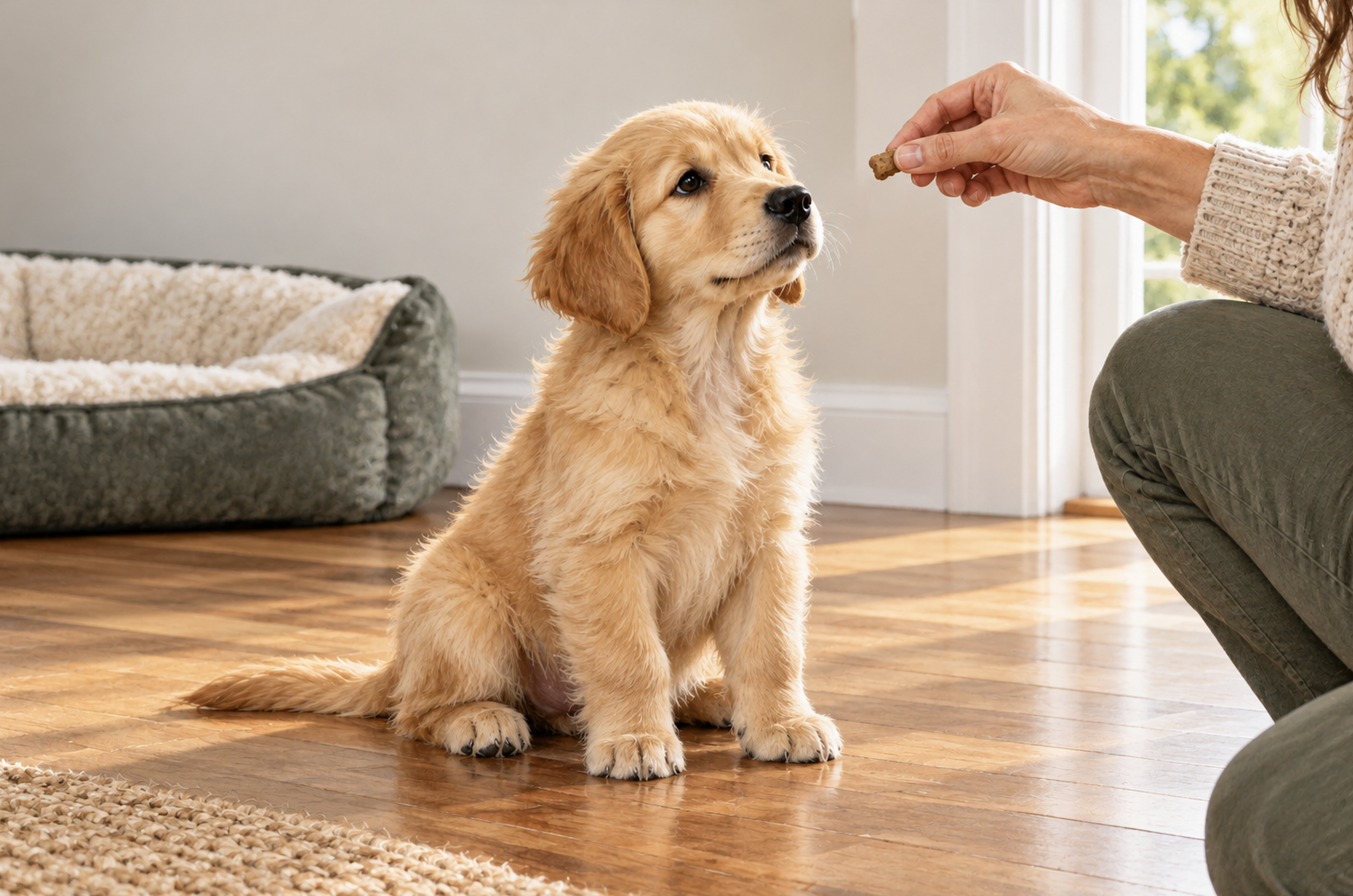 Golden retriever puppy sitting on a hardwood floor while a person offers it a dog treat