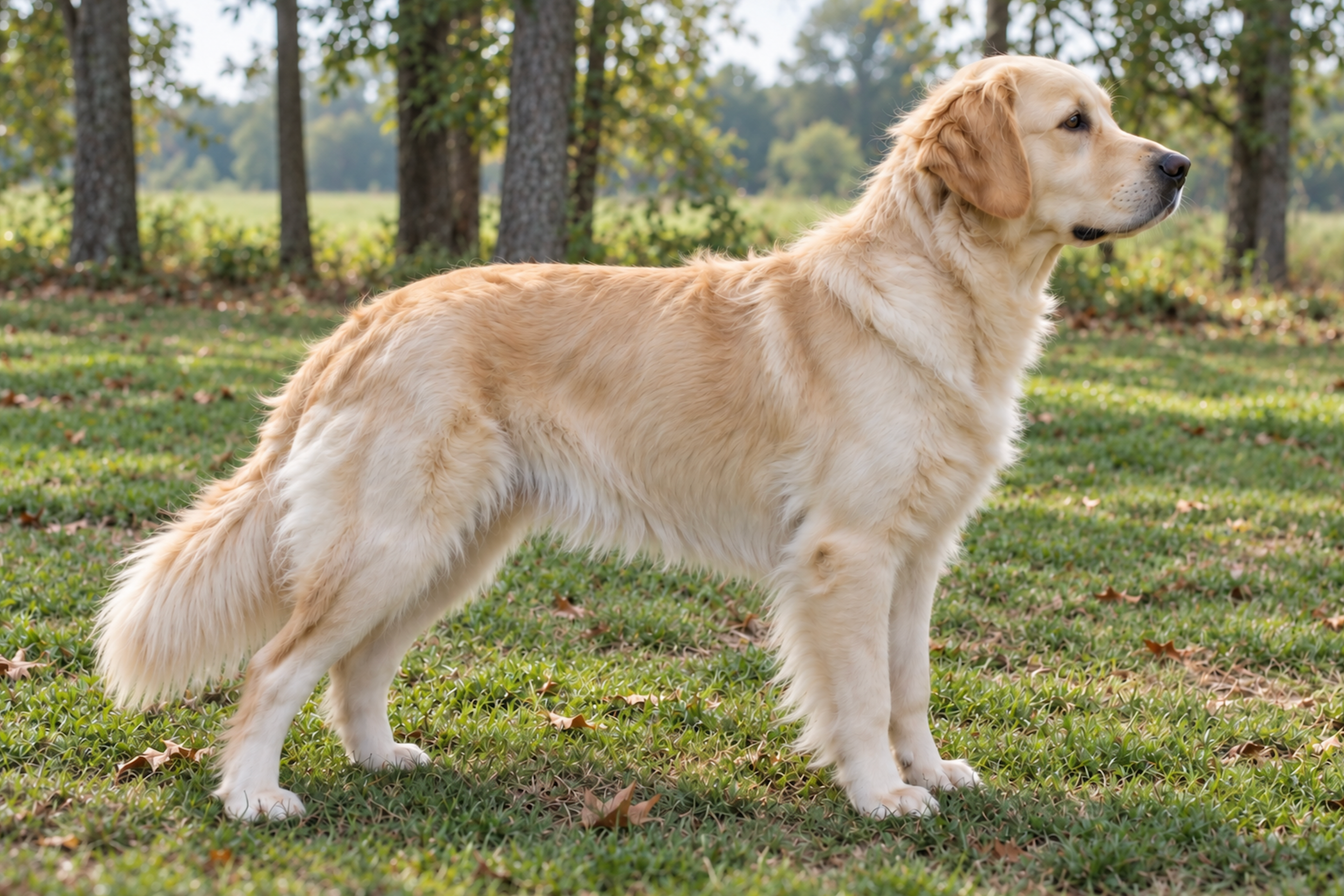 Golden retriever standing on grass in a wooded park