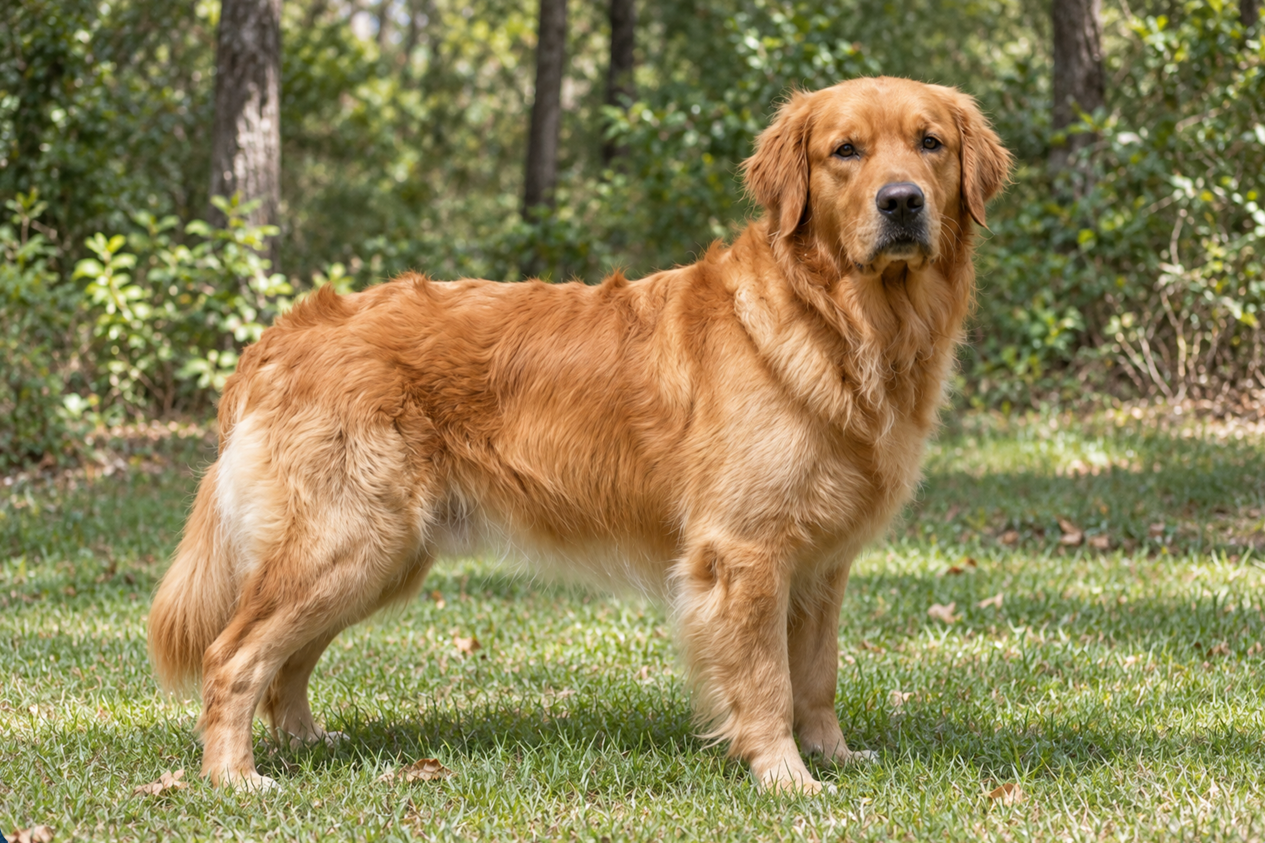 Golden retriever standing on grass in a wooded area.
