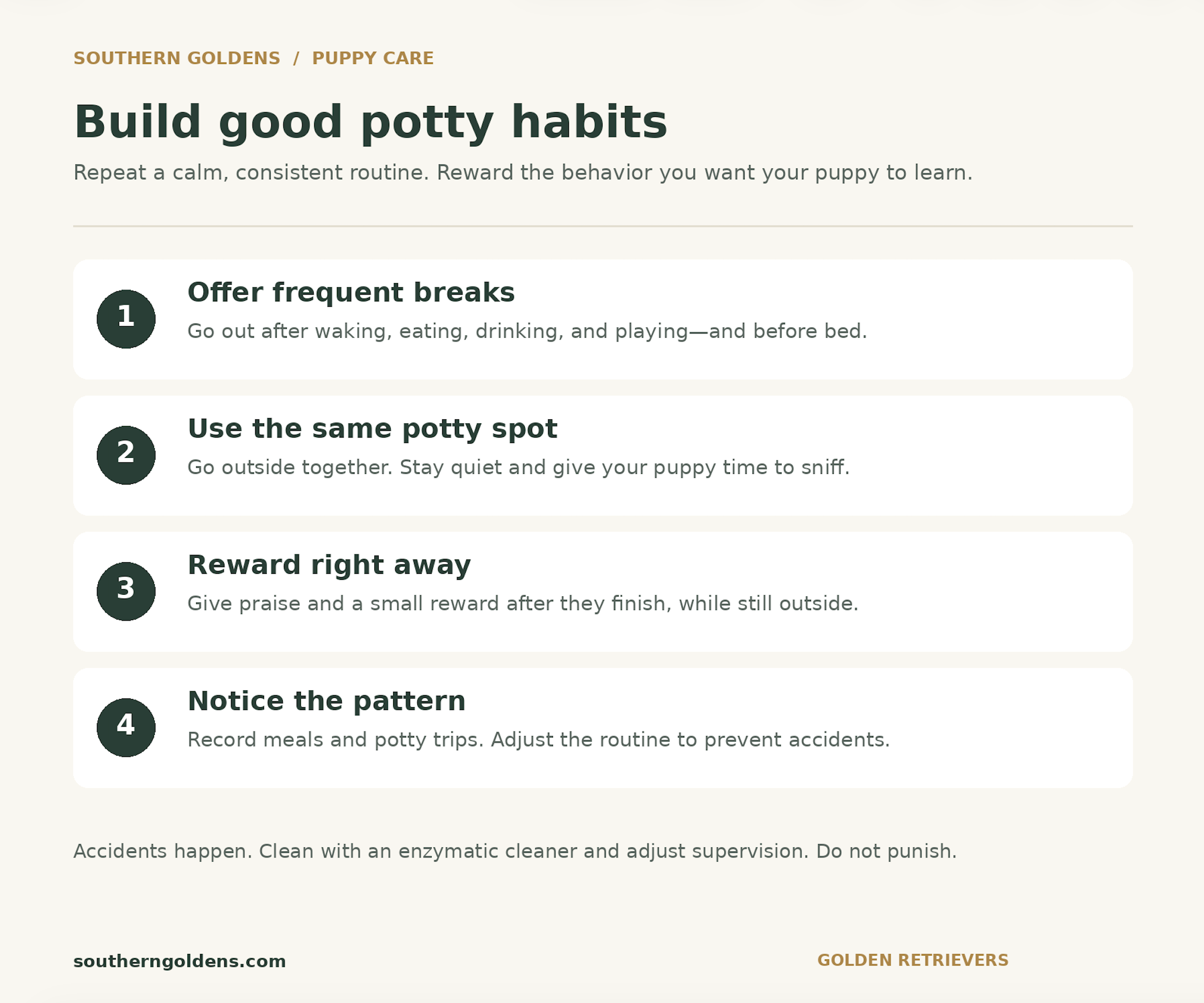 Infographic on building puppy potty habits with four steps: offer frequent breaks, use the same potty spot, reward immediately, and track patterns.