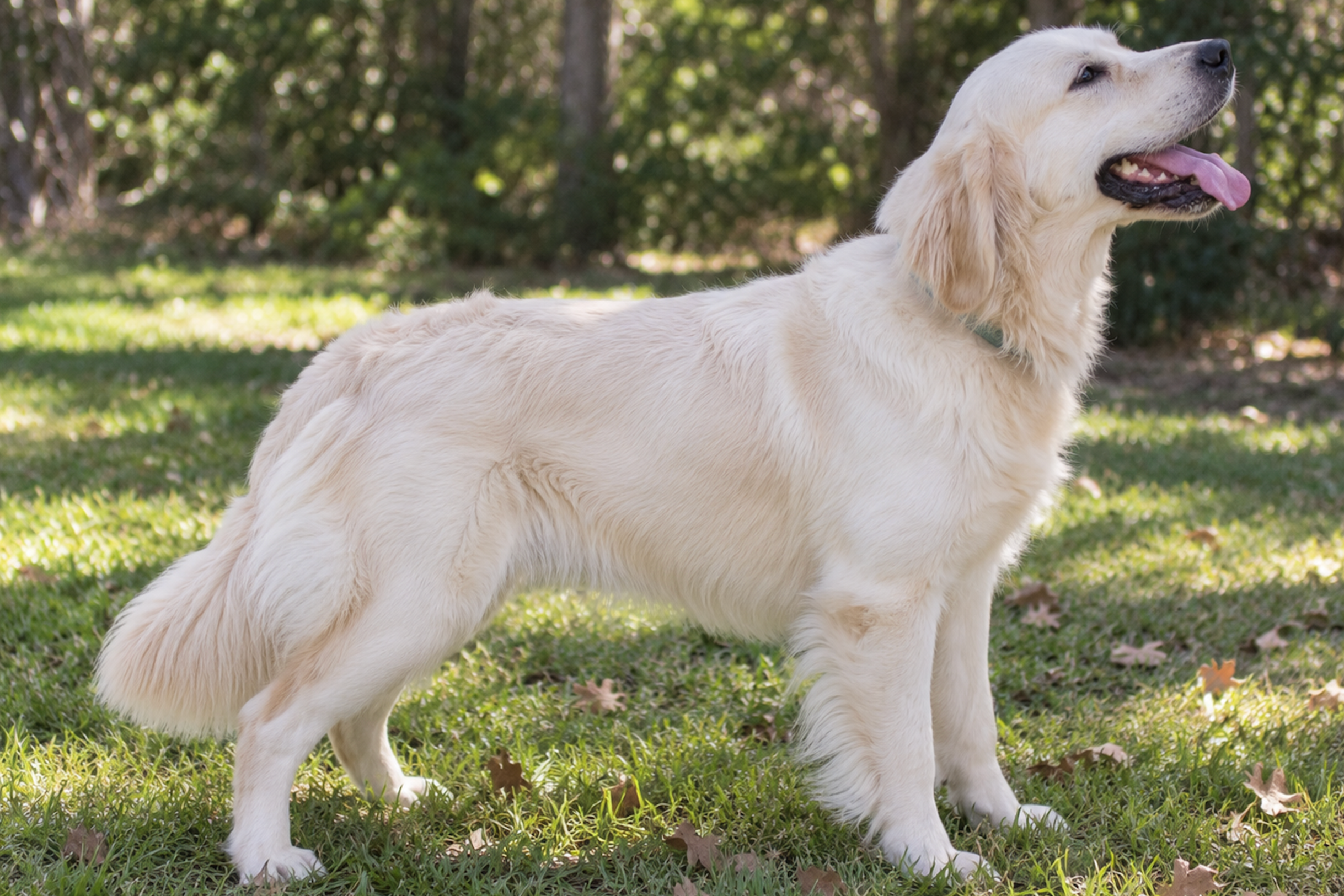 White Golden Retriever standing on grass in a sunlit backyard
