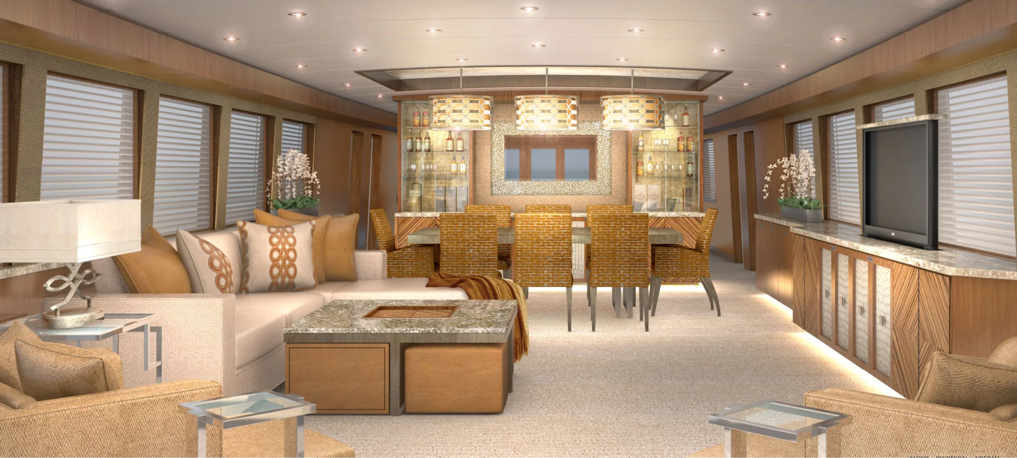 Main salon design concept for yacht refit 116’ M/Y NO LIMIT featuring hidden storage in all furnishings, plus a coffee table doubles as hidden storage with drawer and ottoman seating including additional storage.