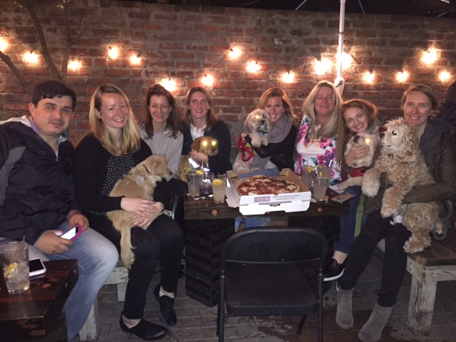 Melissa and Darci visiting some of the NYC adopters. Liney and Finnegan are 5th from the left, between Melissa (to the left) and Darci (to the right)