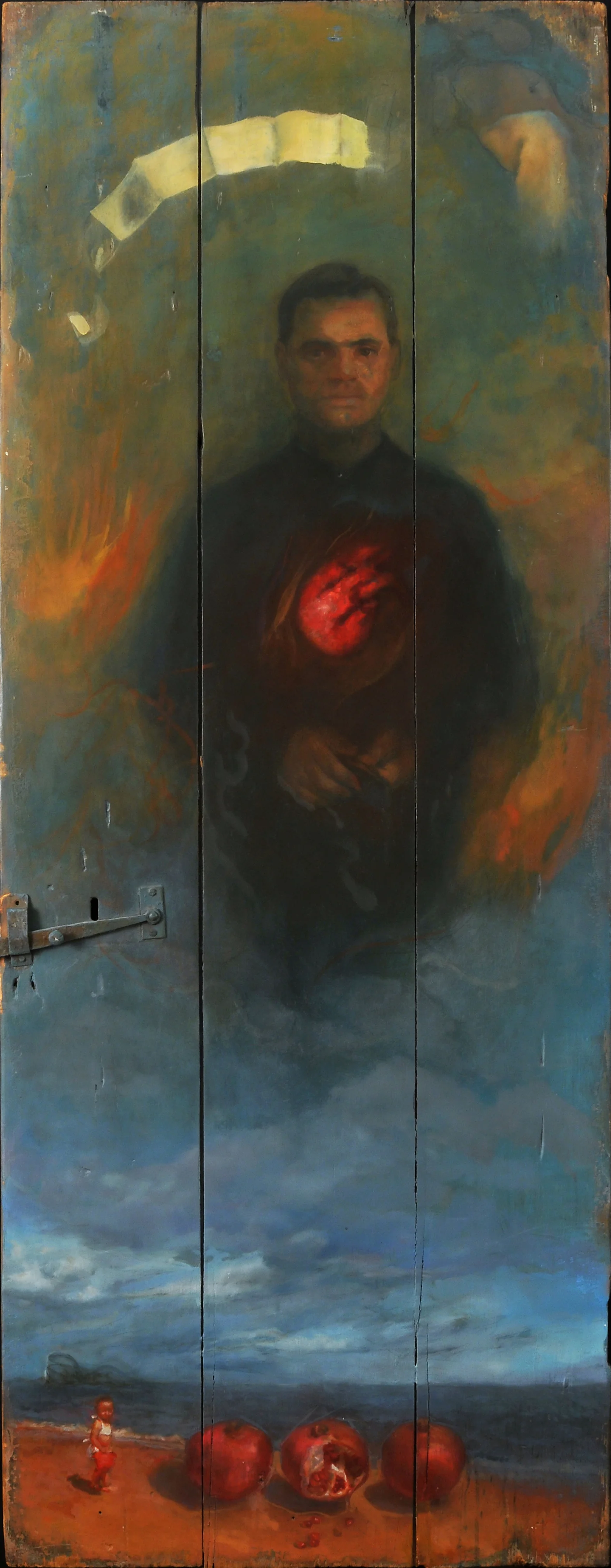Aparecido, 62 x 27. in Oil and gold leaf on found object