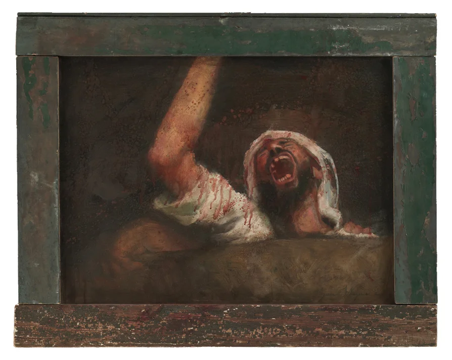 Nightmare of Fallujah 18 x 24 in. Oil on board, handmade found object frame.