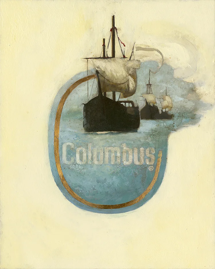 The Original Corporate Takeover 16x 20 in. Oil & gold leaf on board. In Private Collection