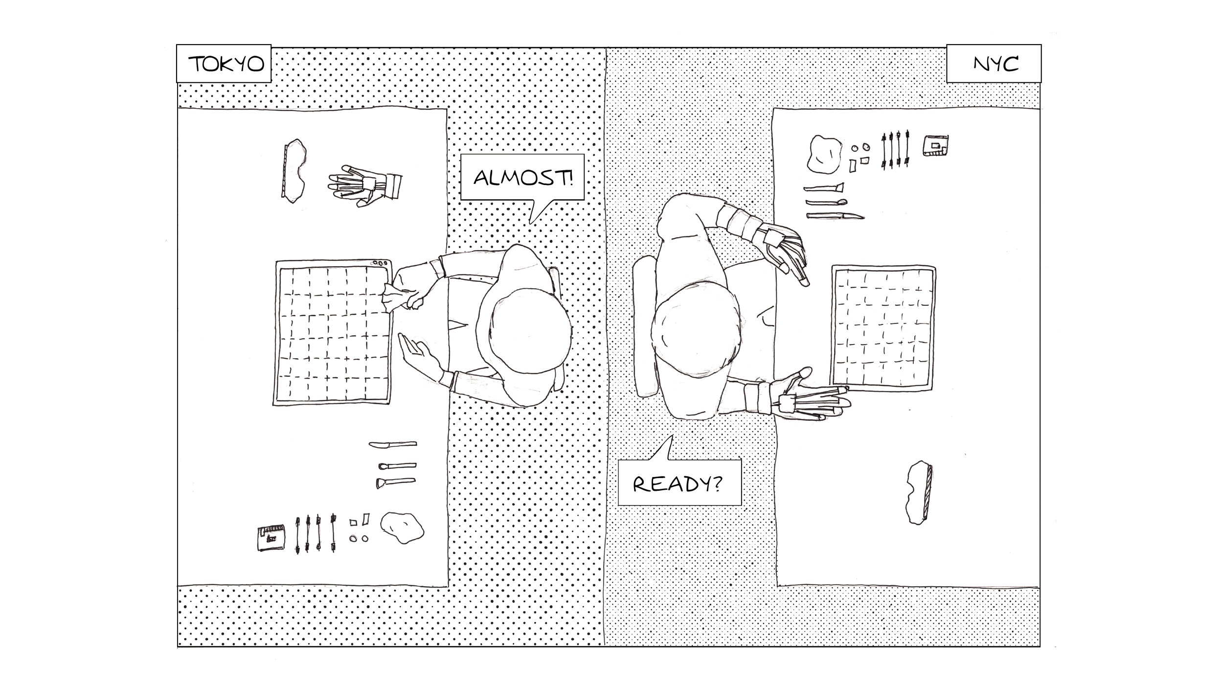 They go to their co-working studio space and it will be set up the same in both places, with the material they have pre-ordered online. They’ll put on the gloves and headsets so they can have a voice call at the same time.