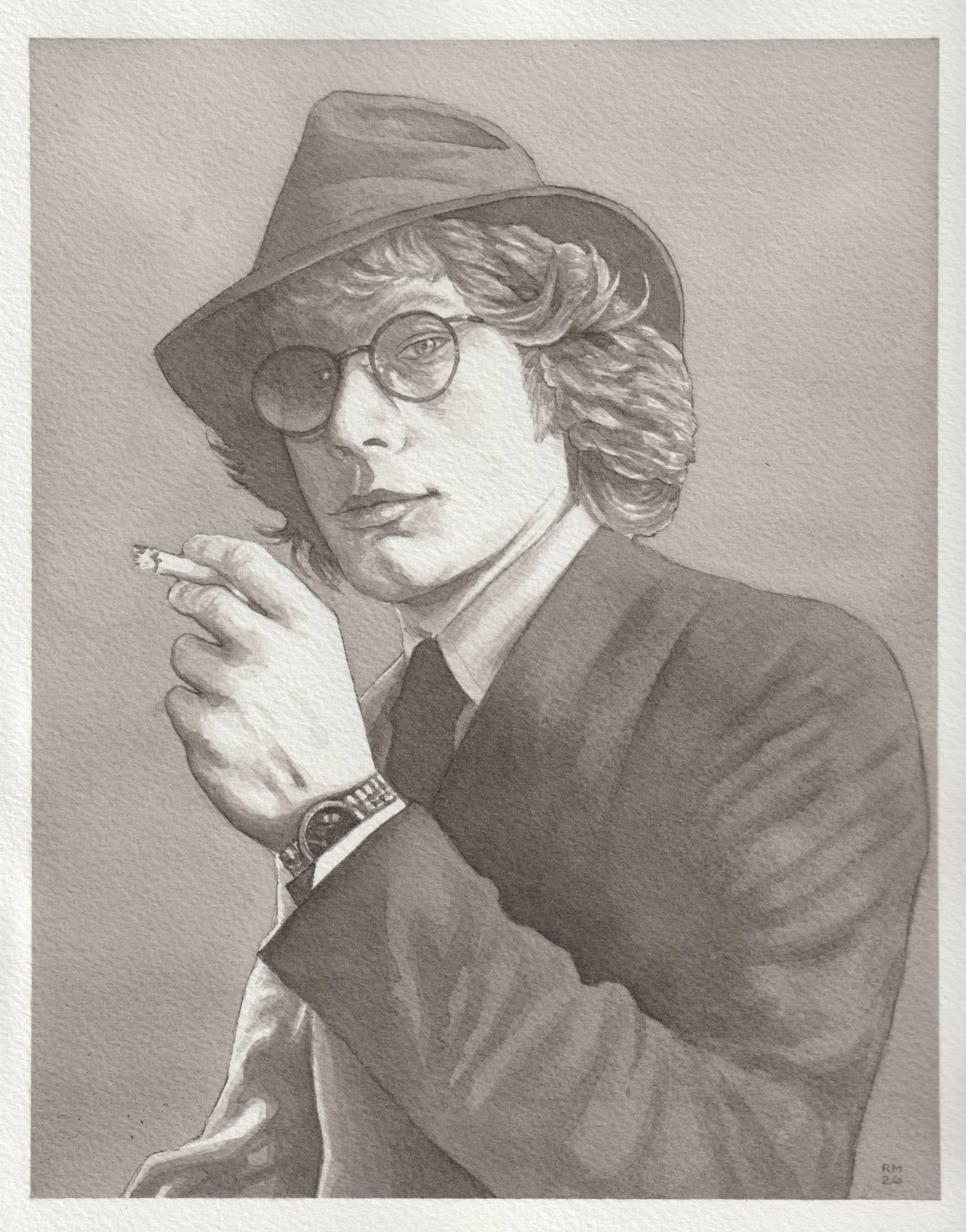  2026. 9×12”. Warren Zevon portrait, painted with calligraphy ink. 
