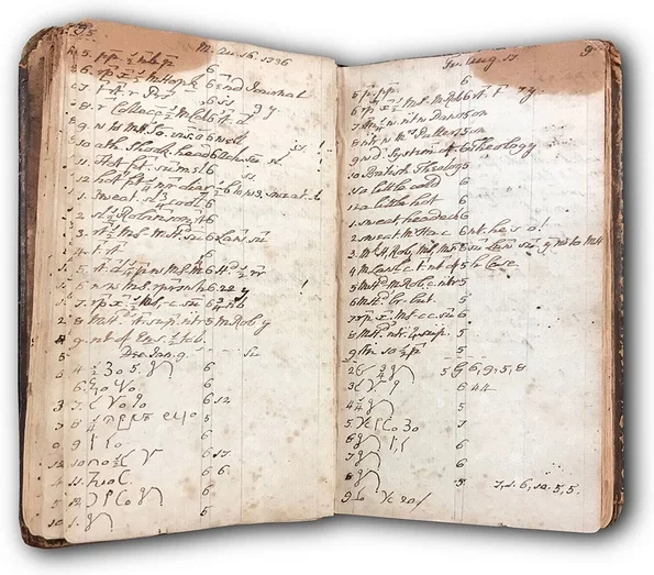John Wesley’s diary from his time in Georgia; note the shorthand he uses to make his entries briefer.