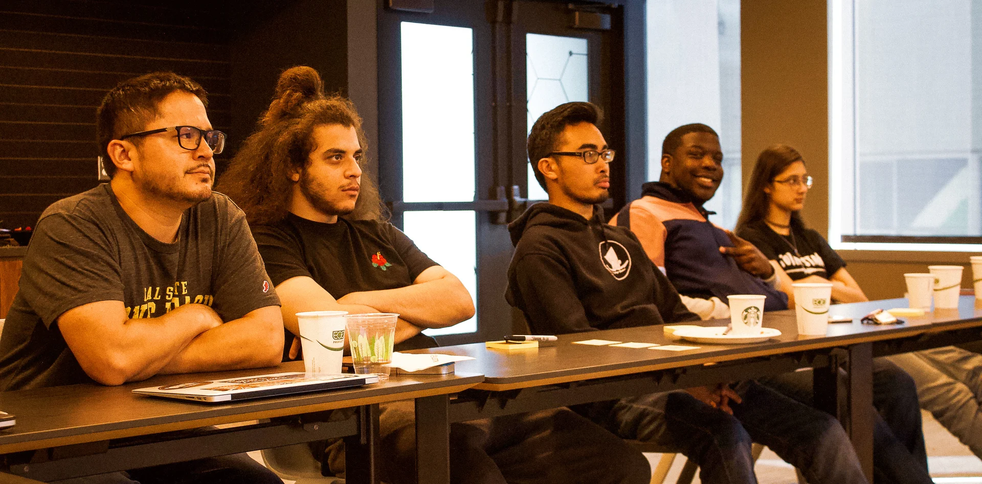 L-R: Deputy Director Paul Laughlin, Amr “ZAG” Awwad, Teaching Artist and Program Coordinator Matt Sablan, Zoser Dunbar (cheesing), Mirabai Kukathas