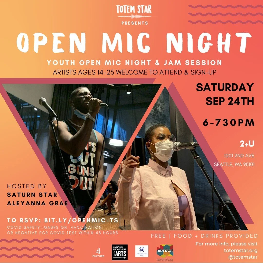 🎵 Open Mic Night + Jam Session 🎵

Our next open mic night is on Saturday, September 24th from 6-730pm at 2+U in Downtown Seattle (1201 2nd Ave, Seattle, WA 98101)! 

Come through to jam with us, share your music, witness others, and to eat good foo