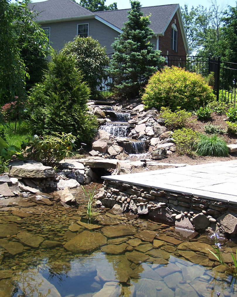 Westchester County, NY custom masonry design steps water fountain and pond