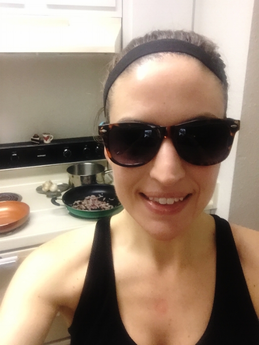 I had just gotten back from the gym, so apologies for the appearance! I took this only to show that I chopped onions for the first time wearing sunglasses and thank goodness it worked to keep my eyes from burning and crying endlessly. I hadn't tried it before!! Five minutes before this pic I couldn't even see; tears, mascara, and oil were burning my eyes.