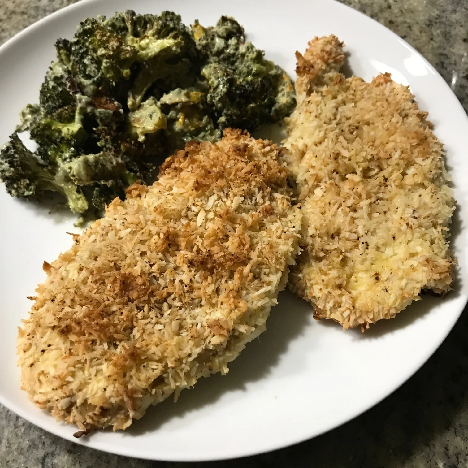 Whole 30 Coconut Crusted Chicken & Charred Broccoli 
