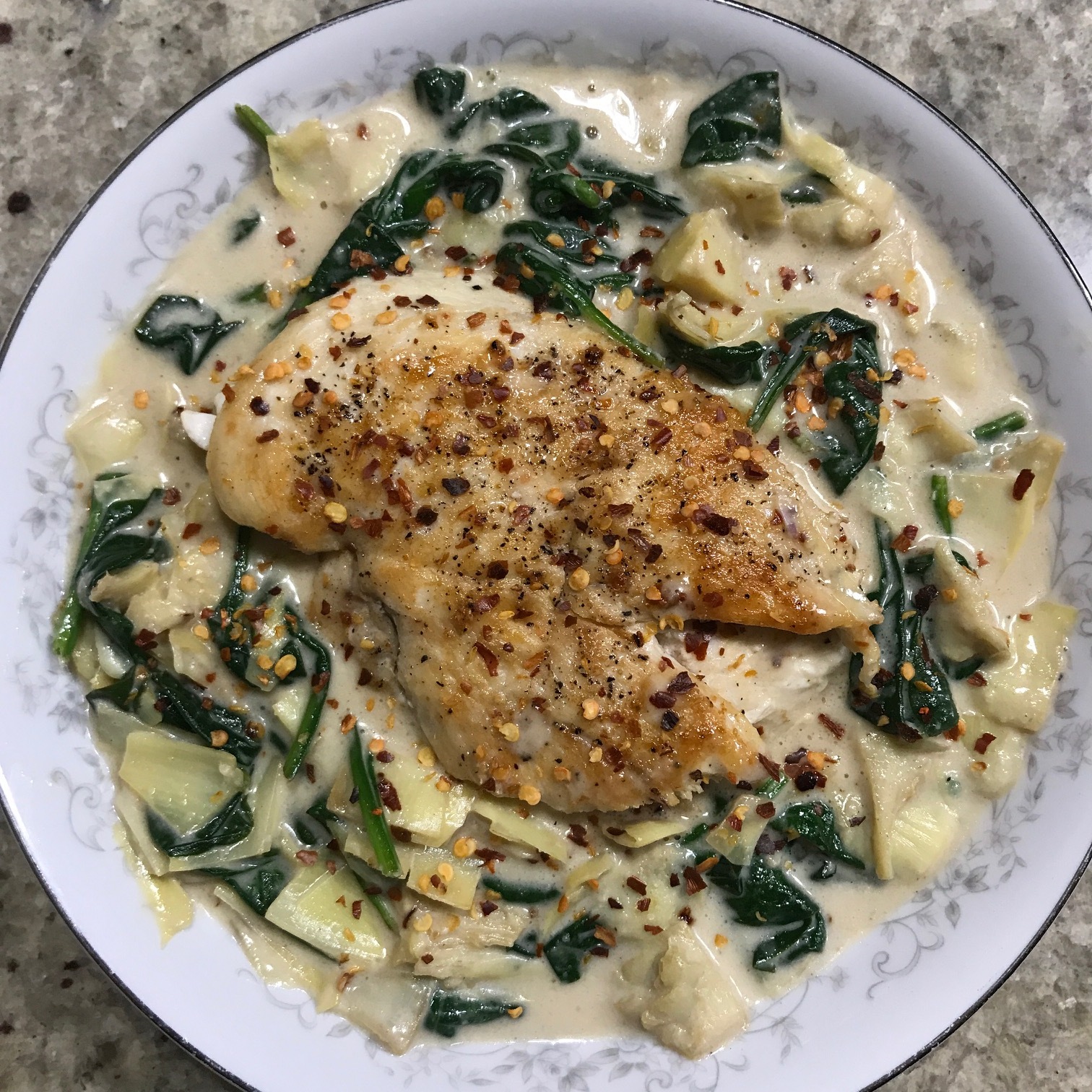 Whole 30 Chicken with Creamy Spinach Artichoke Sauce