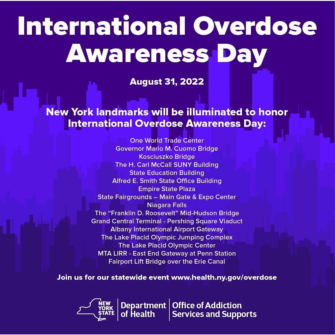 Today is International Overdose Awareness Day. This day is a day of remembrance as well as a day of awareness. New York landmarks will be illuminated in purple to honor #internationaloverdoseawarenessday 💜

New Yorkers struggling with an addiction o