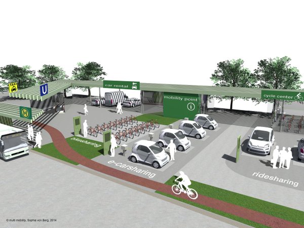 An example of a shared mobility hub. | Image by Sophia Von Berg via Shared-use Mobility.