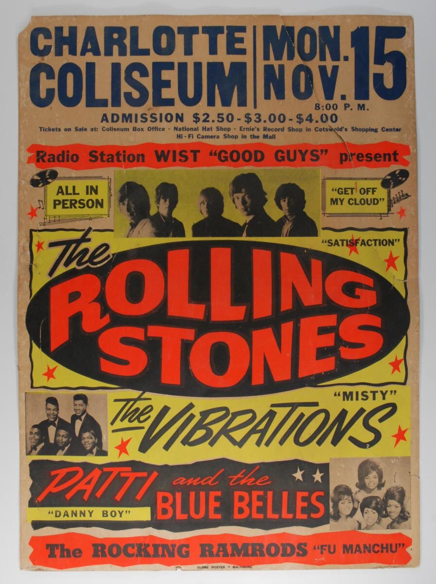 A $10,000 reward is offered for this Rolling Stones Charlotte Coliseum 11/15/65 concert poster.
