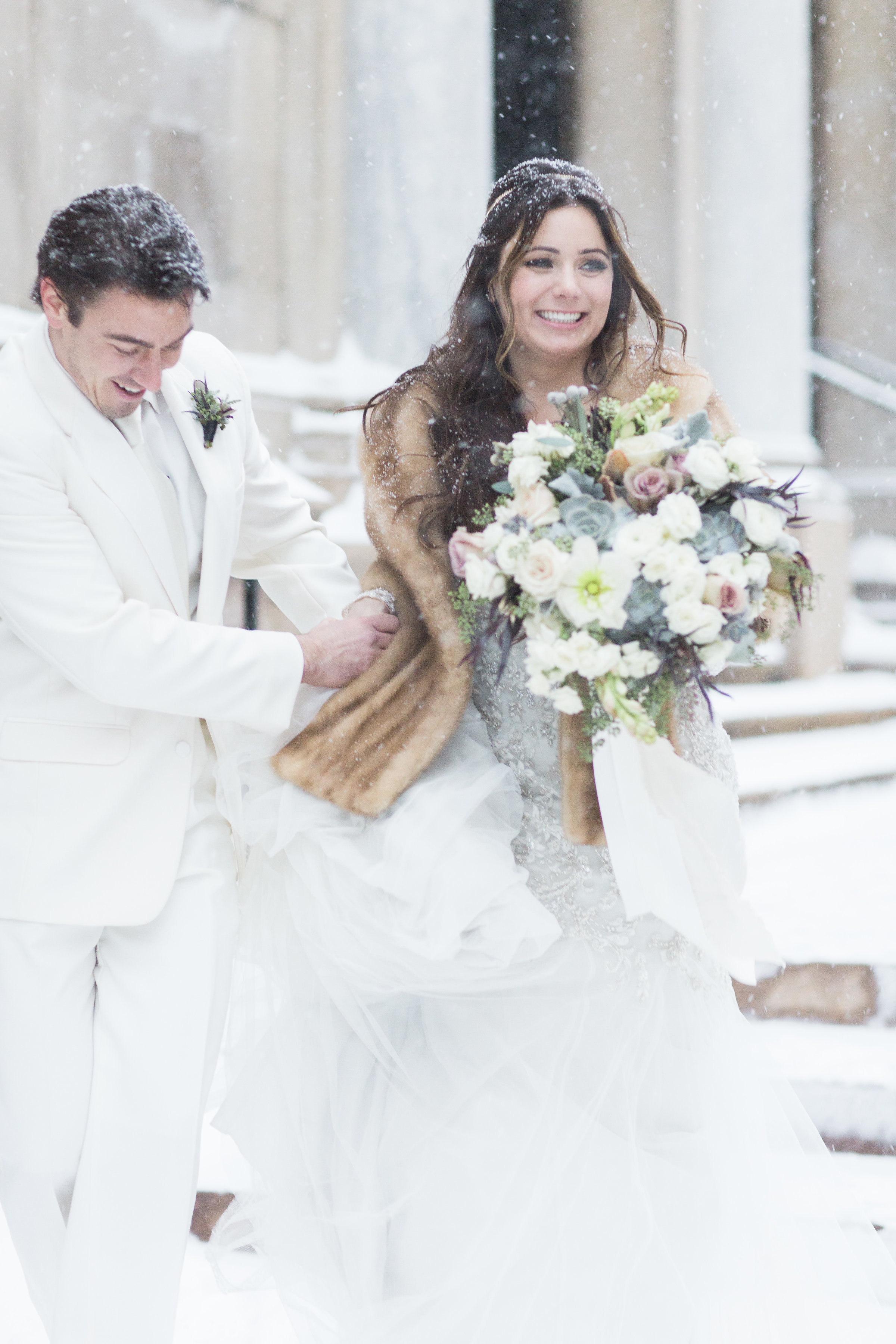 The bride wished for a winter wonderland on her wedding day, and Mother Nature kindly obliged.