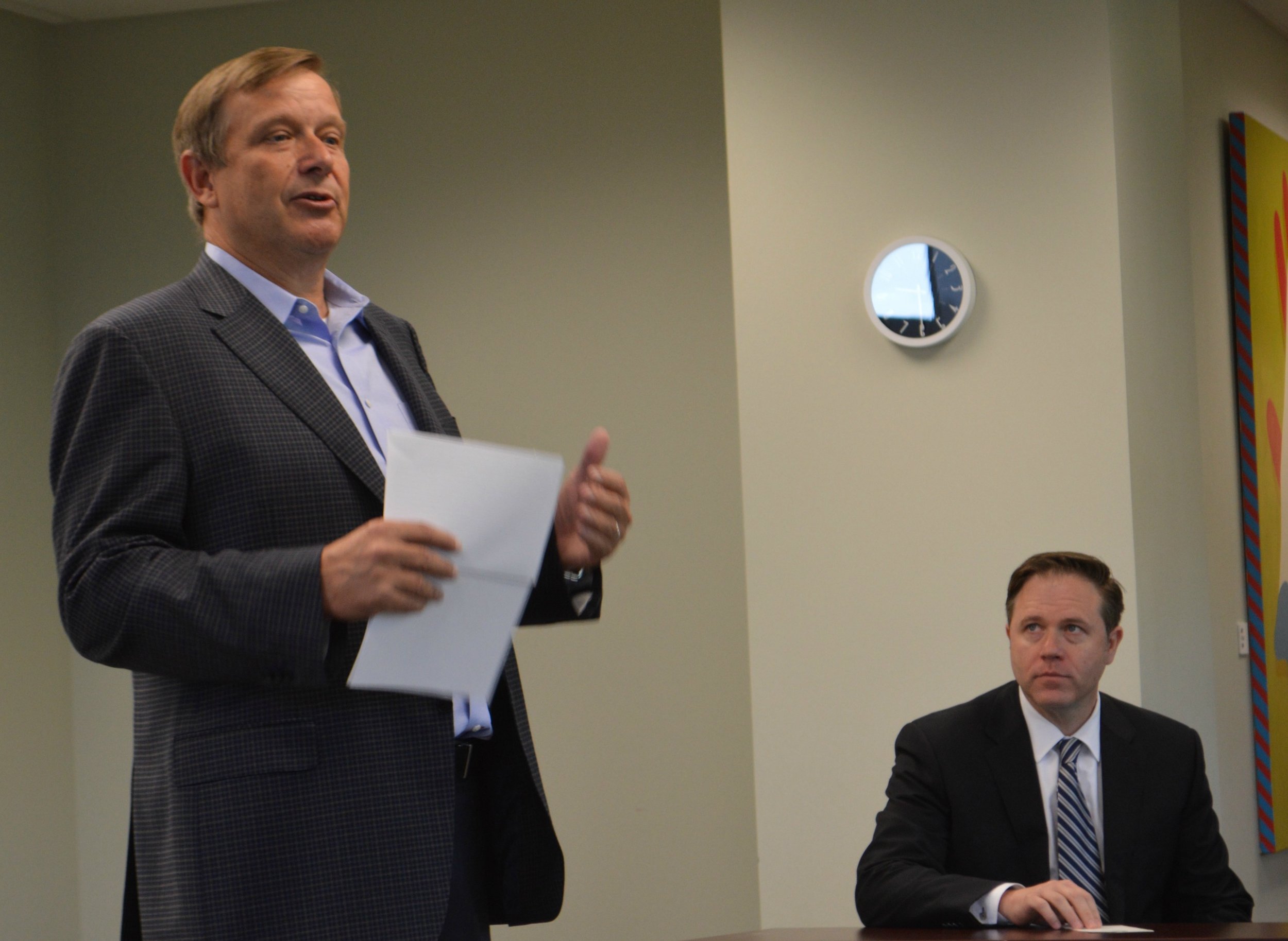 Nick Hobbs, the chairman of a Northwest Arkansas Council search committee, announces the hiring of Nelson Peacock as the Council's new president and CEO. The announcement was made at a news conference today.