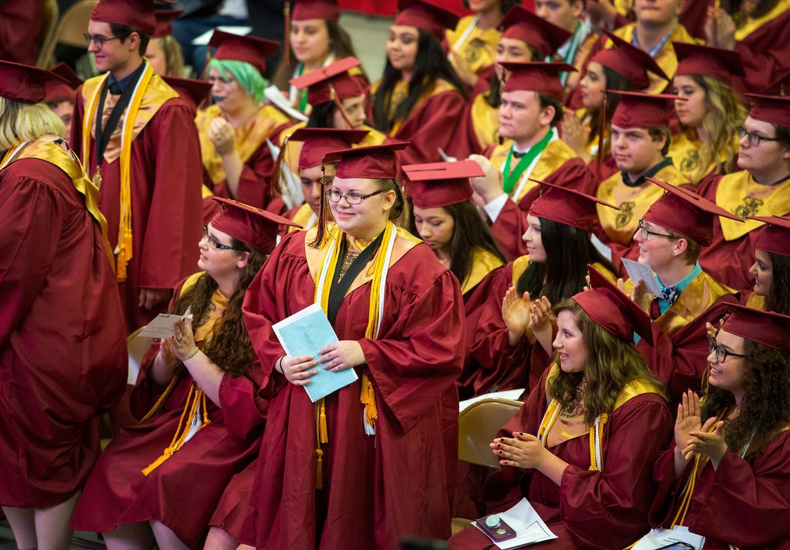 Students from Rogers New Technology High School are pictured during a graduation ceremony in May 2018 on the University of Arkansas campus. The school ranked No. 9 in Arkansas on the U.S. News &amp; World Report list of Best High Schools. (Photo courtesy of Rogers Public Schools)