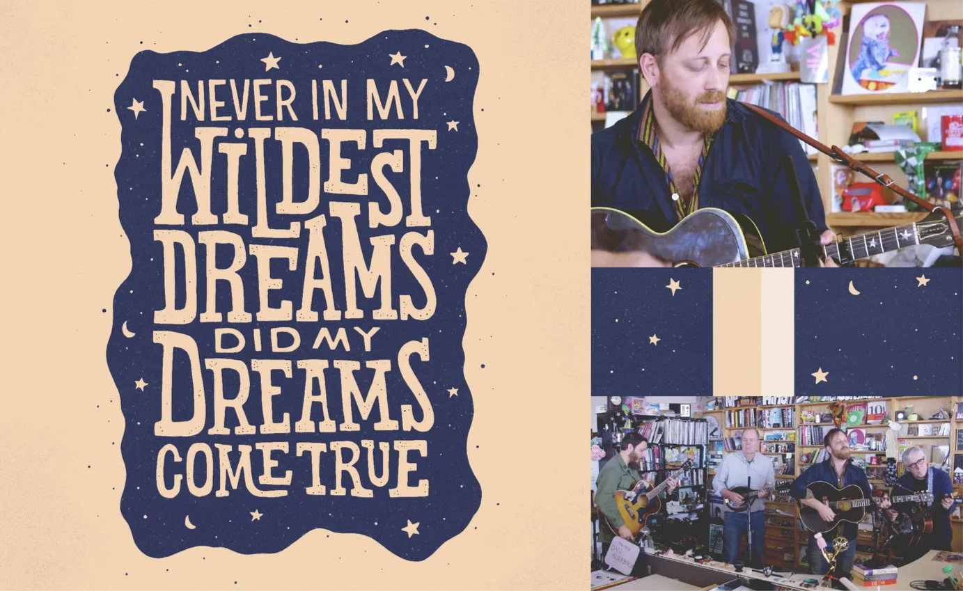 Originally this piece was inspired by the KEXP version of “Never In My Wildest Dreams” by Dan Auerbach (Easy Eye Sound Revue), but I checked out their NPR Tiny Desk session and was surprised how well that performance matched the art I had already illustrated based off of the KEXP video. Spooky! The stars, the blues, all of it coincidentally went together. A favorite song of mine from his new album ‘Waiting On A Song’ is “Never In My Wildest Dreams”, I feel very fortunate that I’m able to relate through the love I share with my partner.