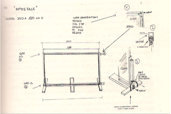 Fig 10.Drawing of Peter Campus’s Interface, 72. Designer Antonio Trimani’s sketch of the glass frame constructed for terface the exhibition “Zero Visibility”, Genezzano, Italy, 2001. Courtesy of Locks Gallery, Philadelphia, Pennsylvania. 