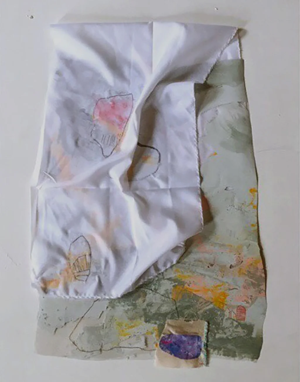 Celebratory Palette textile wall sculpture: pen and ink, watercolor on satin collaged with oil and enamel paints on plastic sheeting. 20.5" x 20.5" 2017.