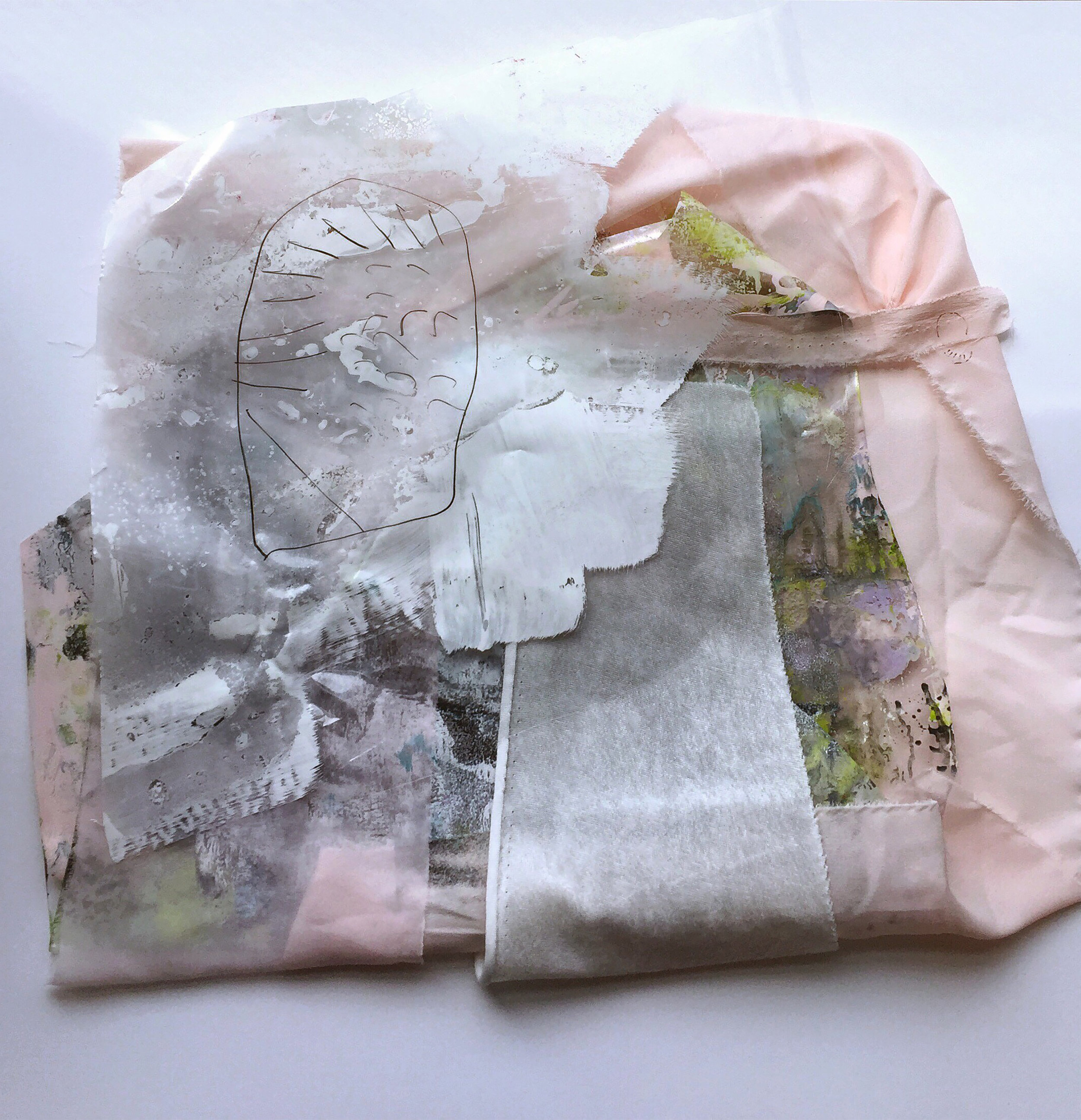 Share the Neighborhood textile wall sculpture: pen and ink, watercolor on satin collaged with oil and enamel paints on plastic sheeting. 20.5" x 20.5" 2017