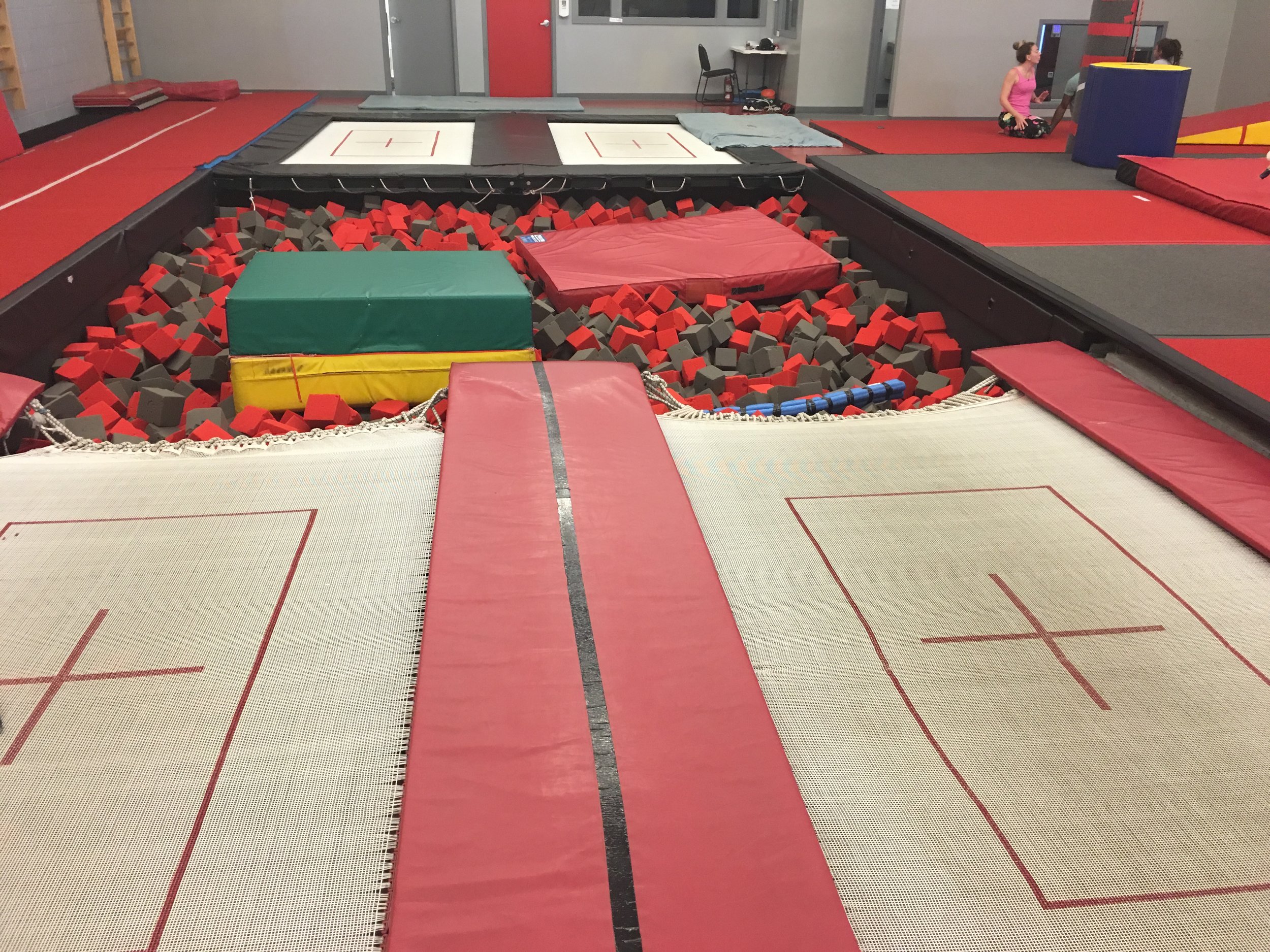 Two open ended trampolines for practicing landings, drills and higher level skills and endless fun. 