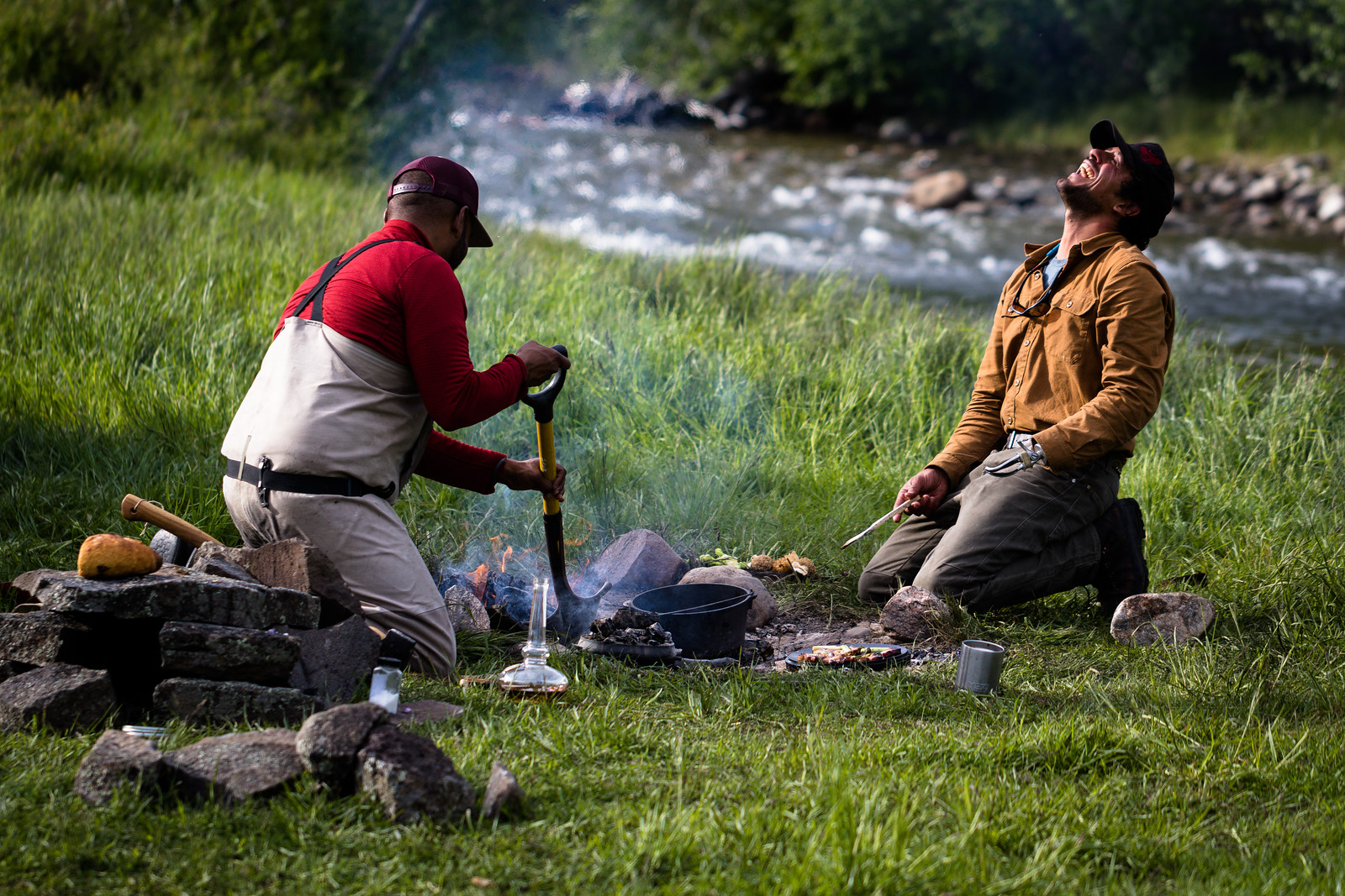 chef eduardo and his chef buddy ranga prepare an epic meal on the yellowstone river. photo: steven drake