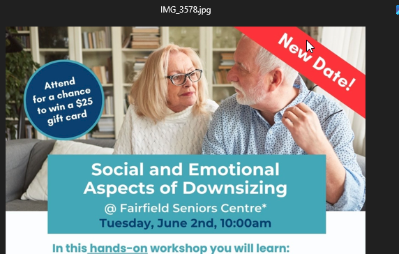 Social &amp; Emotional Aspects of Downsizing on June 2nd and Legal Tips on June 9th