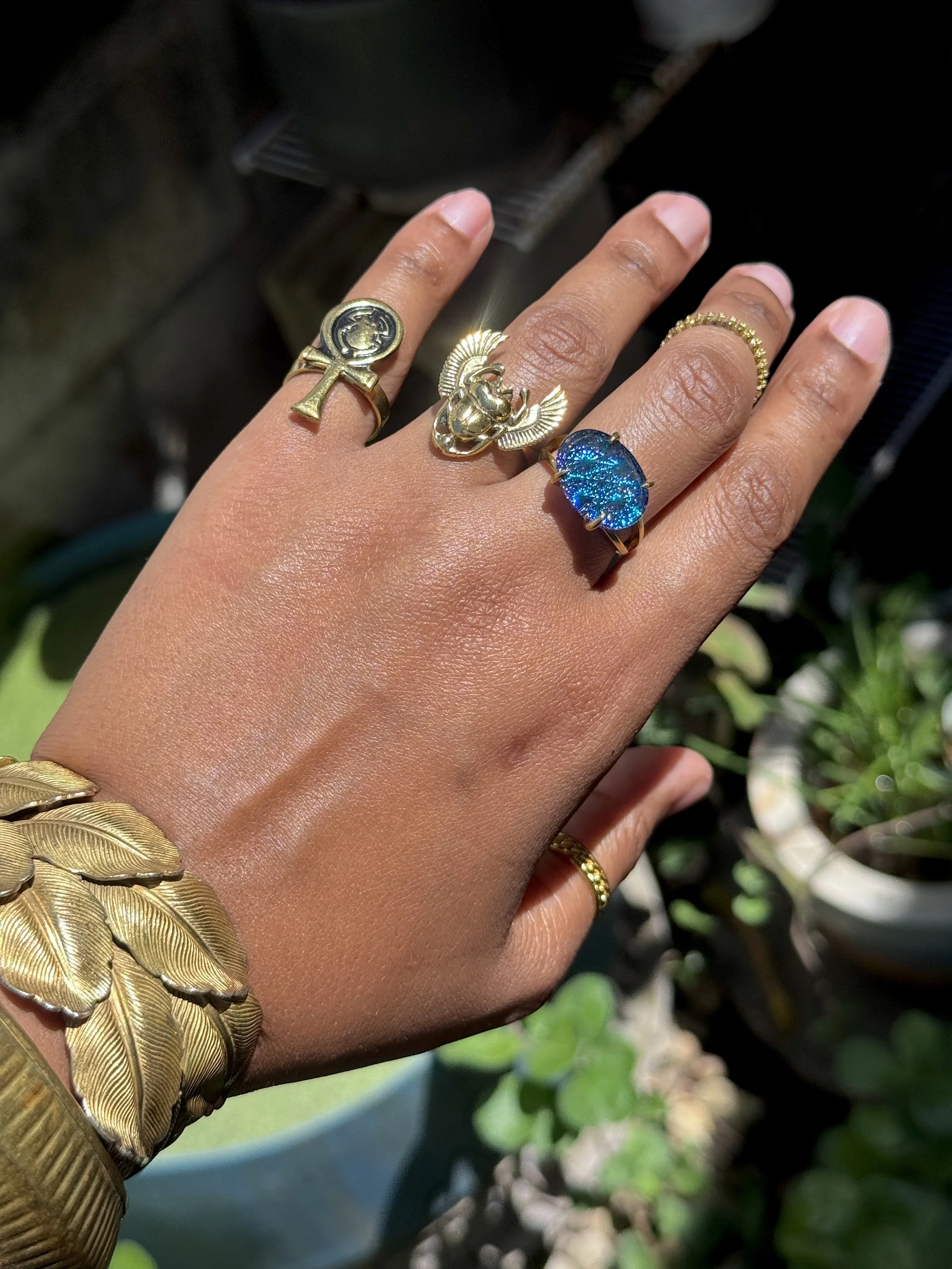 Scarab ring stack - ta meu bem brass rings.JPG