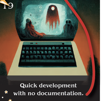 A computer with hungry ghosts inside. Text: "Quick development with no documentation."