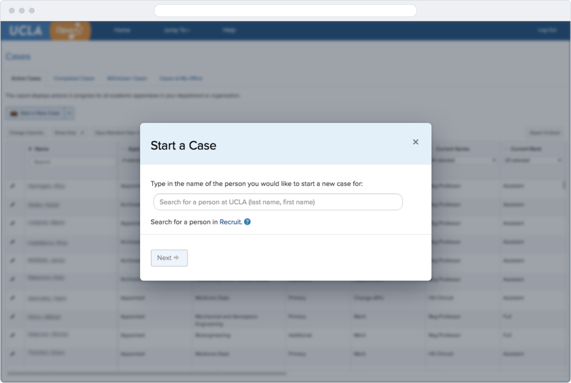 Opus Active Cases screen in a browser window, showing a table of academic review cases with columns for name, appointment status, department, affiliation, action type, current series, and current rank.