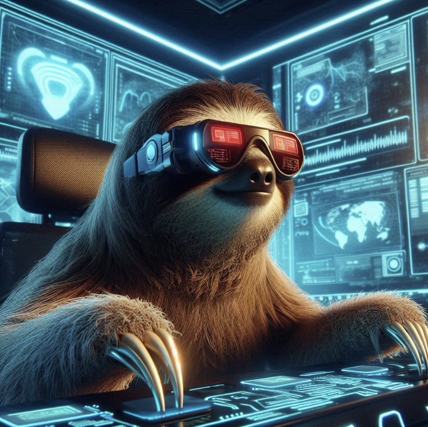 futuristic sloth at a computer screen