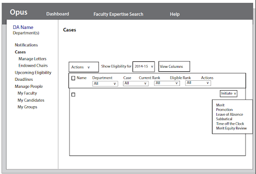 wireframes showing a table of cases