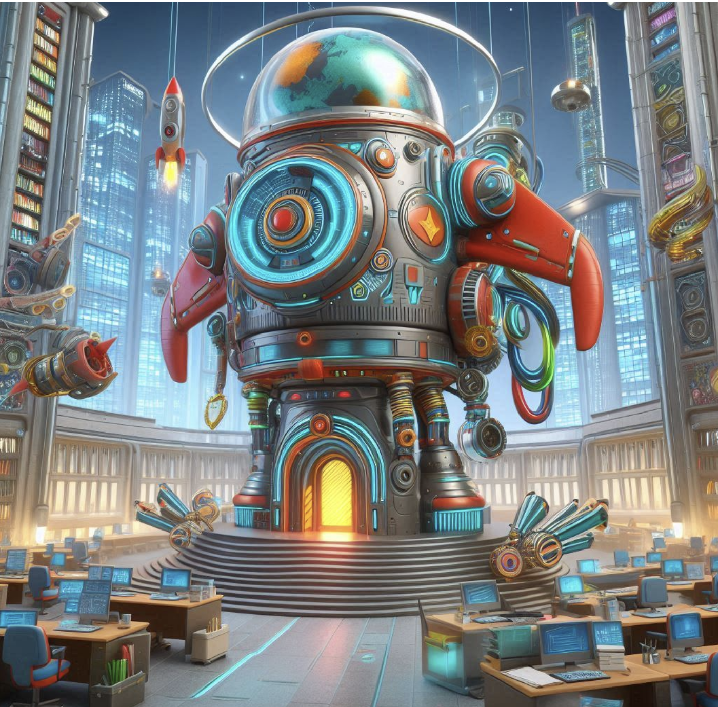 A futuristic robot in an educational setting. AI image by Copilot.