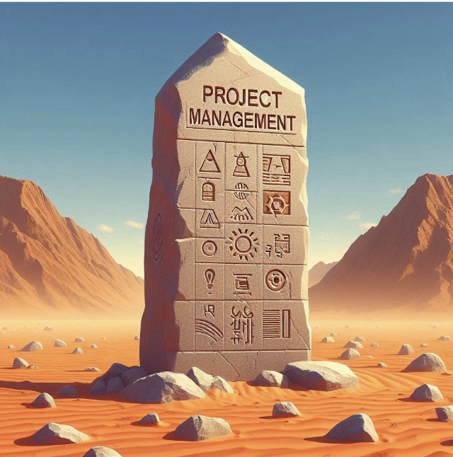 AI image by Microsoft Co-pilot. Prompt: “A monolith arises on the desert. Its hieroglyphs represent project management.”