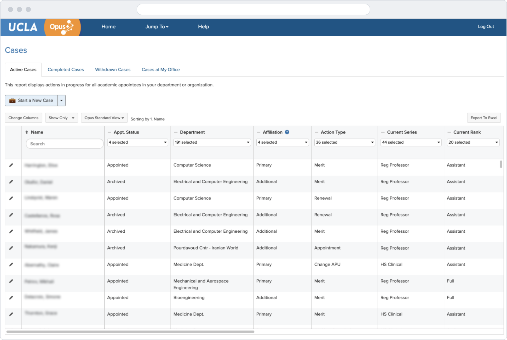Opus Active Cases screen in a browser window, showing a table of academic review cases with columns for name, appointment status, department, affiliation, action type, current series, and current rank.