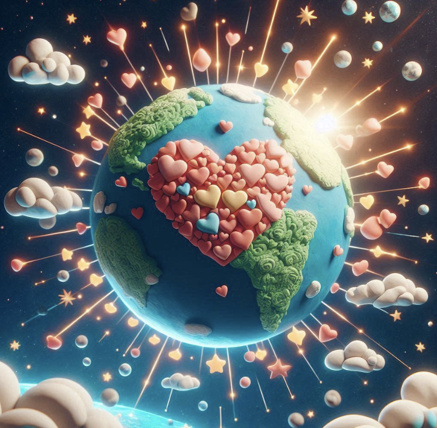 Let’s give some love to our planet.  AI image by Microsoft Co-pilot.  Prompt: “the earth with love, claymation style.”