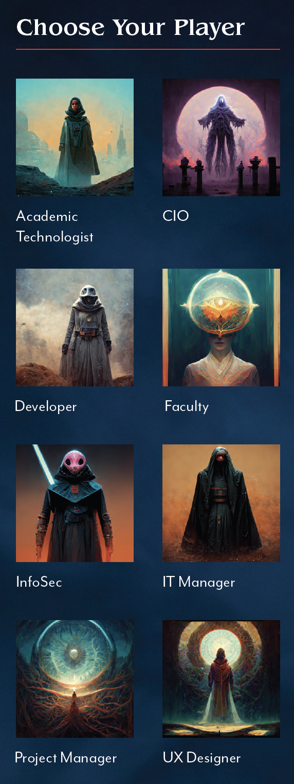 A choose your player screen with the choices of academic technologist, CIO, developer, faculty, InfoSec, IT Manager, Project Manager, and UX Designer.