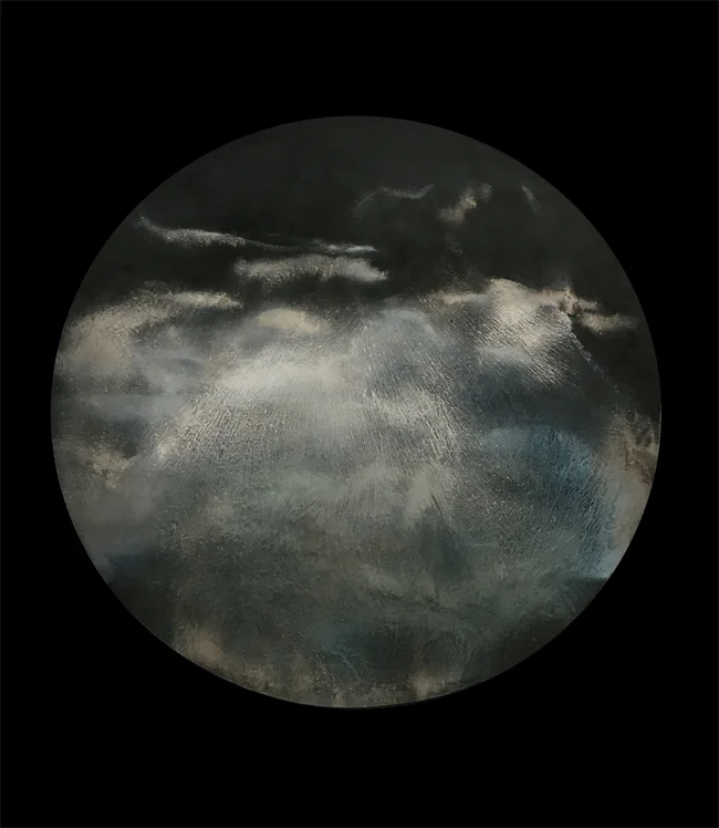 "Restless Night Clouds" , 2018 Oil on prepared paper, 32"x28” Courtesy Karen Fitzgerald & Carrie Able Gallery