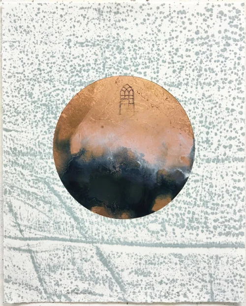 "Sleep Has It's House" , 2017 Oil and 23k gold on patterned, prepared paper, 25”x22” Courtesy Karen Fitzgerald & Carrie Able Gallery