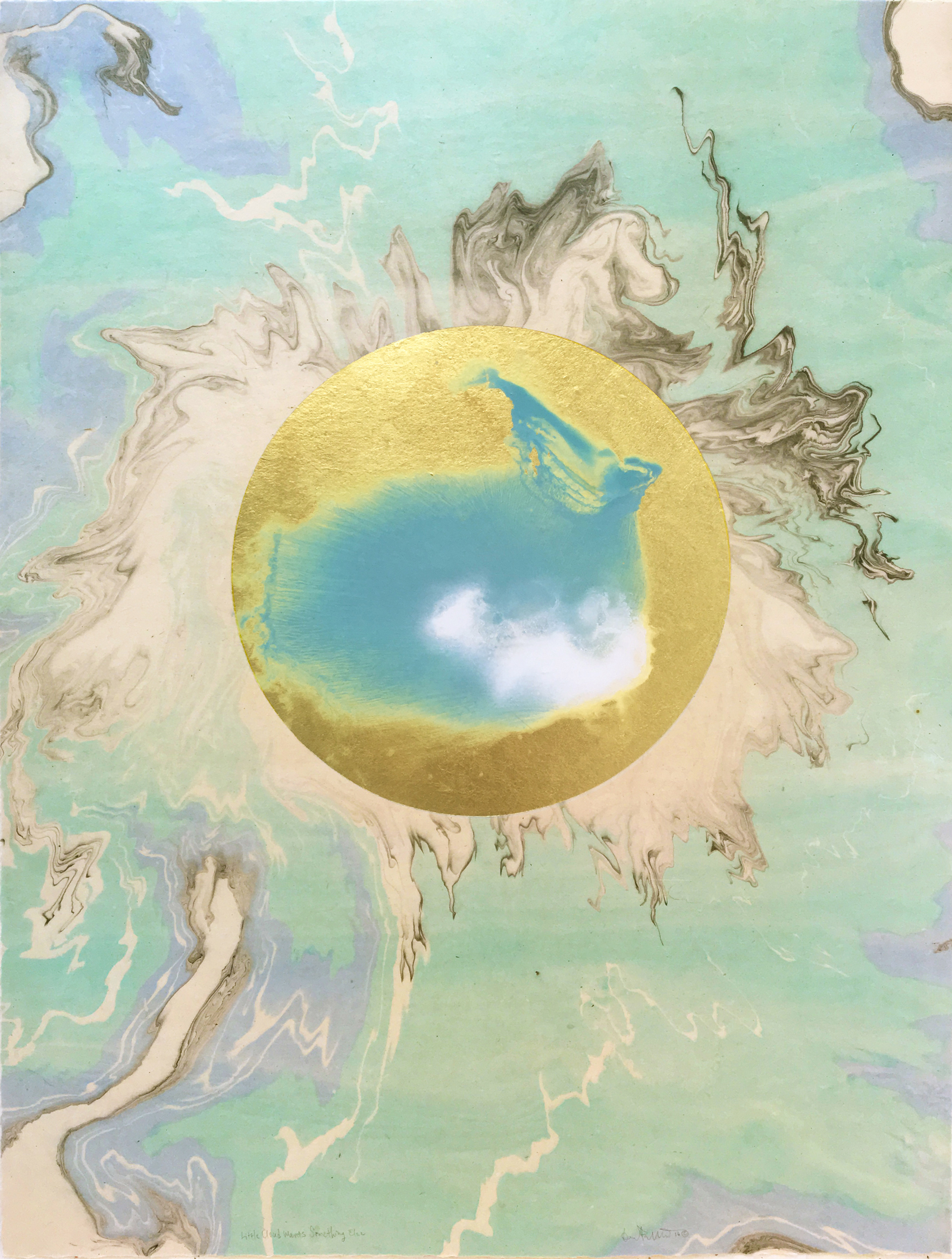"Little Cloud Wants Something Else" , 2016 Oil and 18k gold on patterned, prepared paper, 31”x23.25” Courtesy Karen Fitzgerald & Carrie Able Gallery